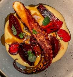 Poulpe grillé sur purée dorée avec légumes caramélisés et tomates, fruit de mer Honfleur servi en assiette du restaurant L'Assiette Normande à Honfleur